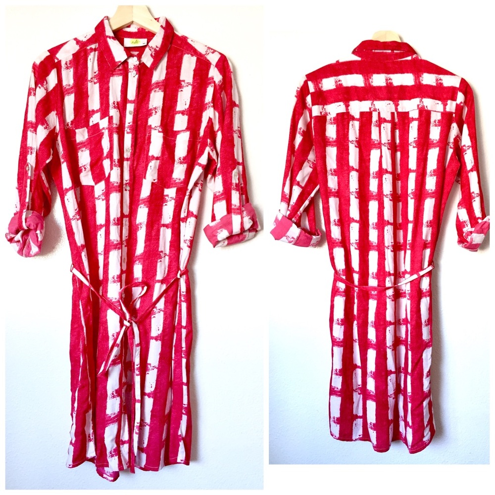 Solito Pink White Grid Button Down Shirt Dress XS